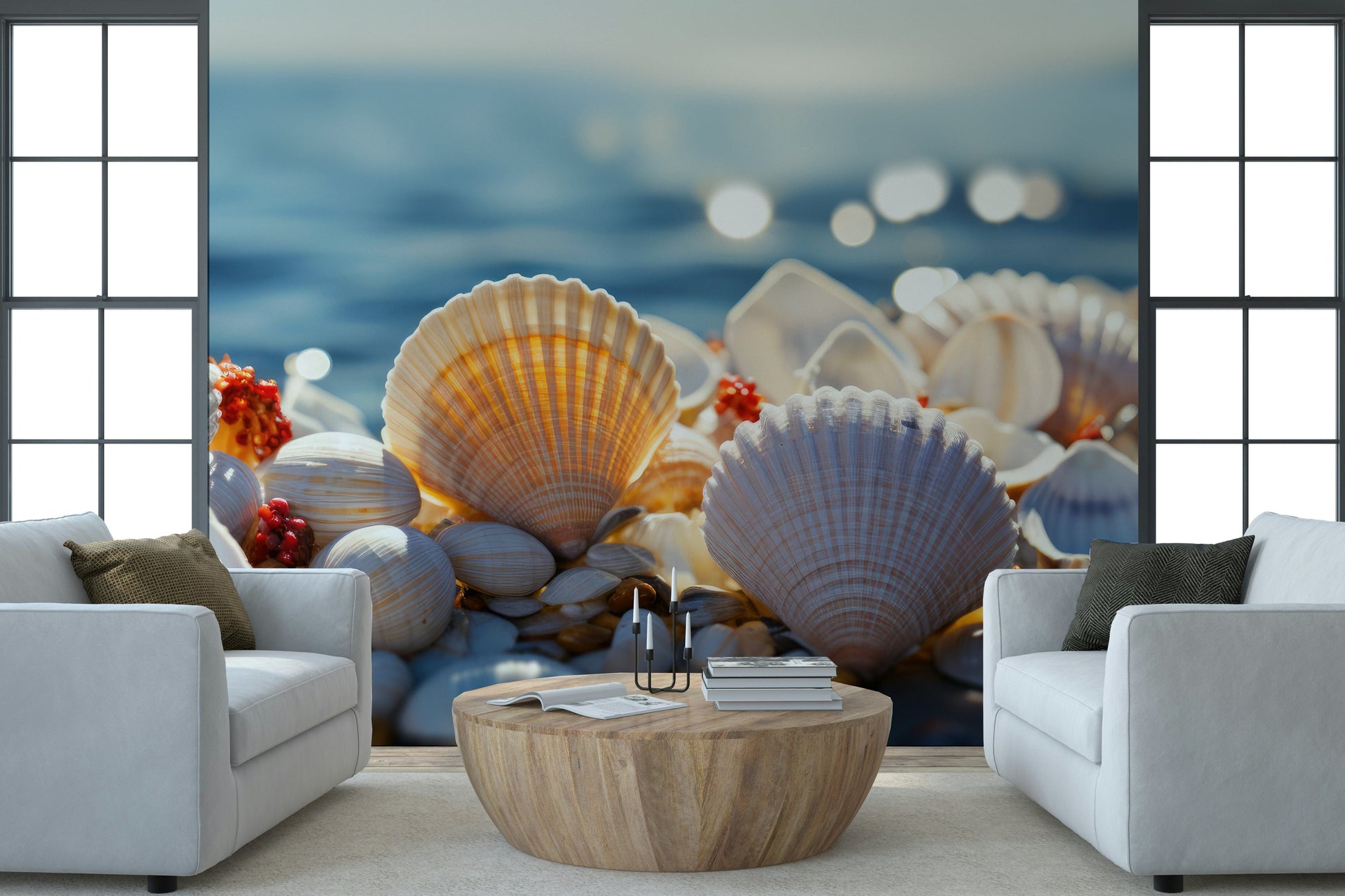Beach-inspired mural with calming seashell patterns for serene interiors.