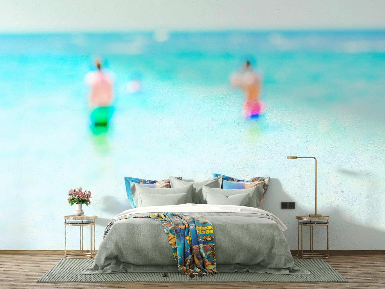 A peaceful waterfront view mural on decorative wallpaper.


