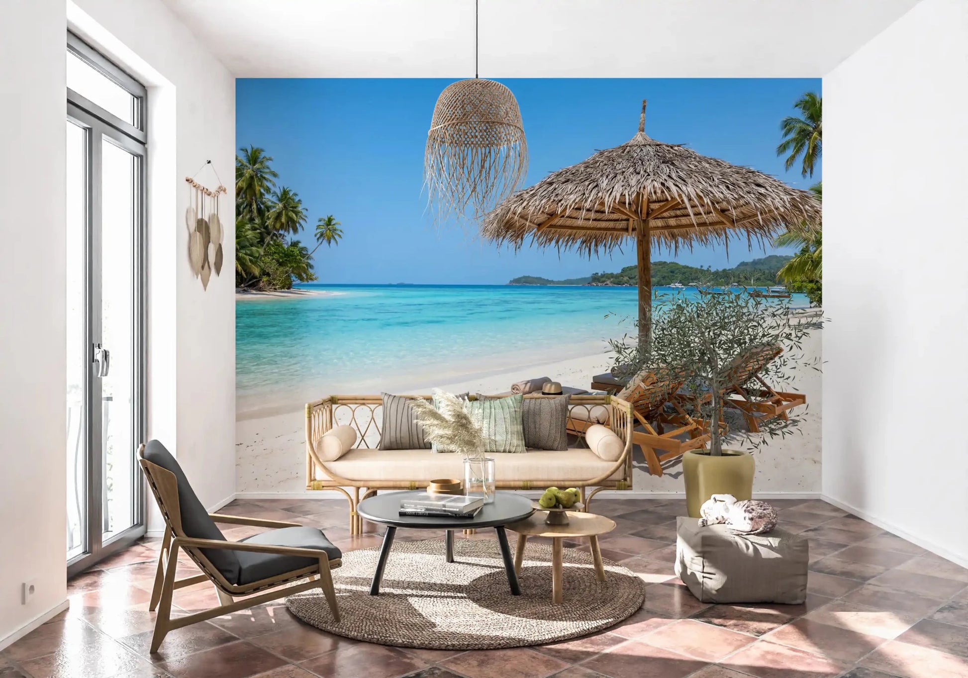 Seaside calm wall mural with serene beach in Living room.