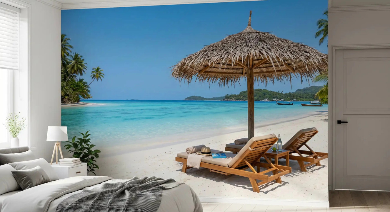 Seaside calm wallpaper with coastal waves in bedroom.