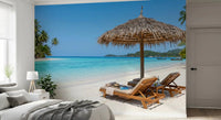 Seaside calm wallpaper with coastal waves in bedroom.