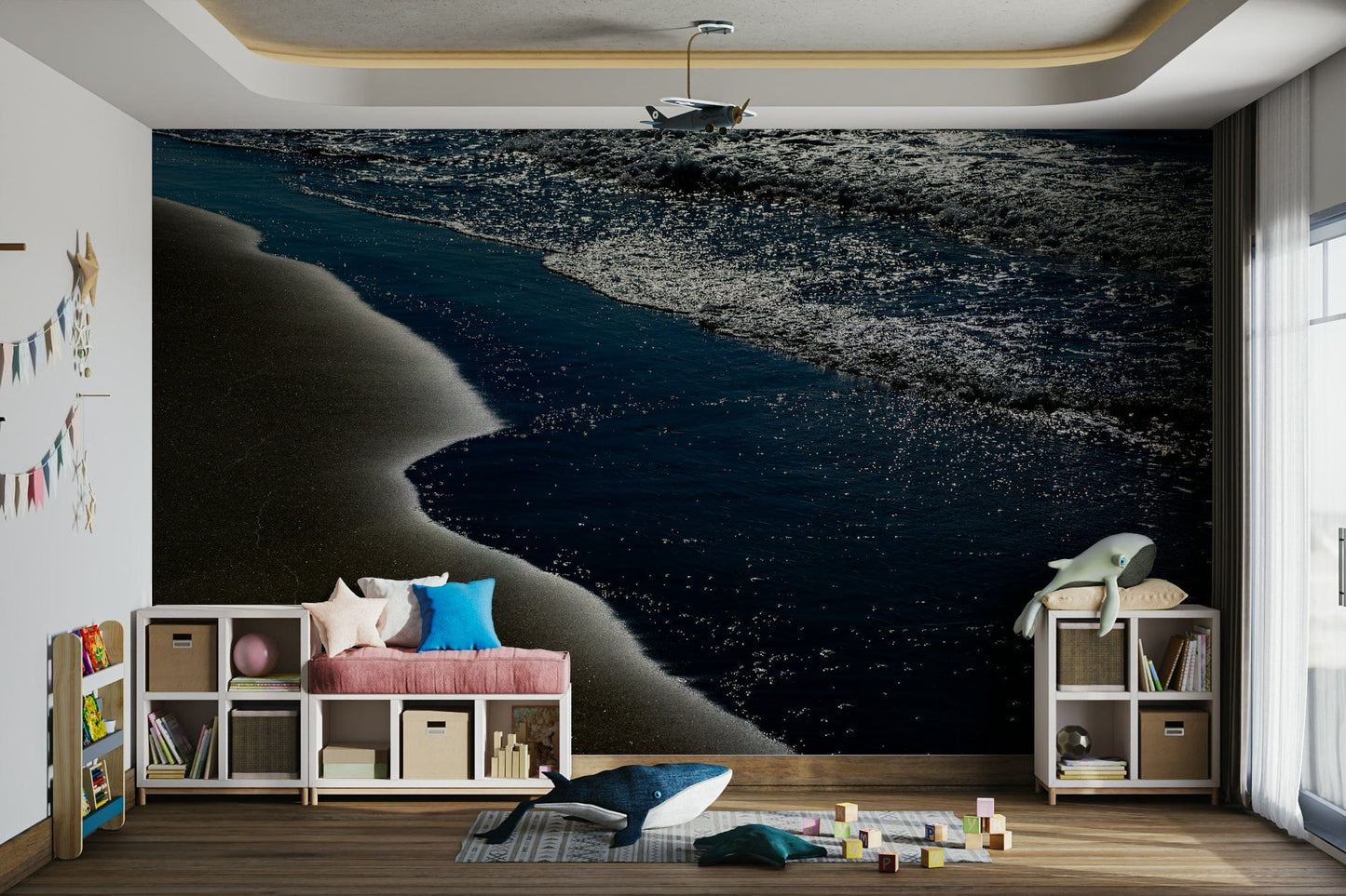 A peaceful seaside view mural on decorative wallpaper.

