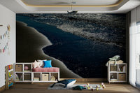 A peaceful seaside view mural on decorative wallpaper.


