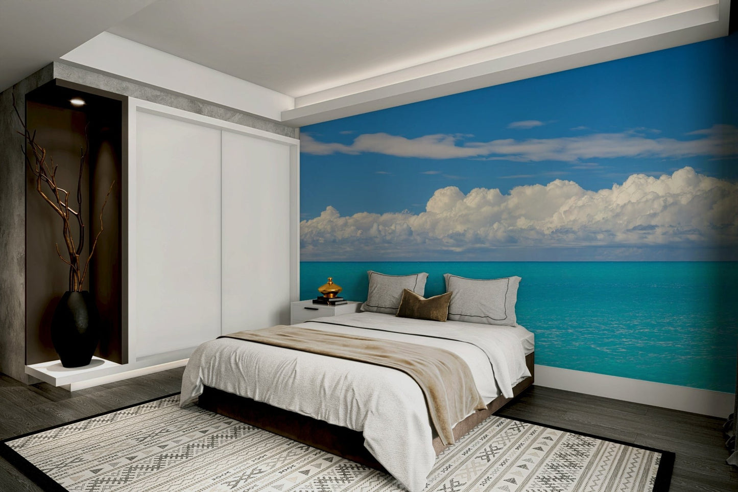 Bright blue wallpaper mural with ocean and clouds.

