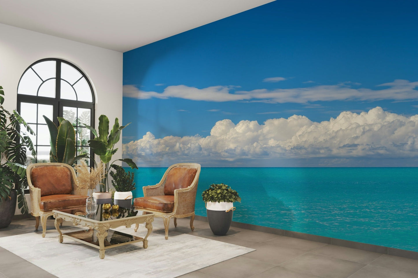 Horizon mural with ocean calm and distant clouds.

