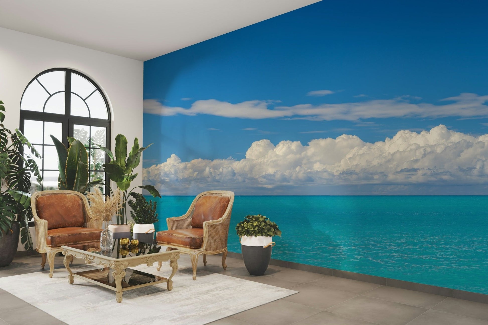 Horizon mural with ocean calm and distant clouds.

