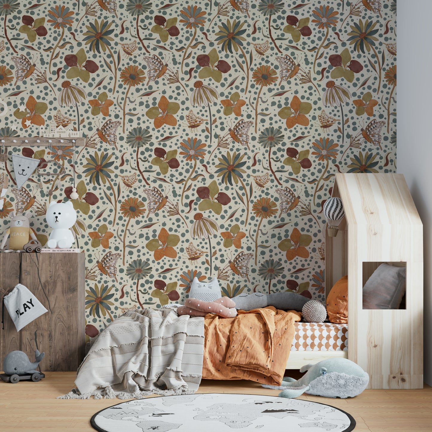 Autumn mural wallpaper with butterflies and leaves

