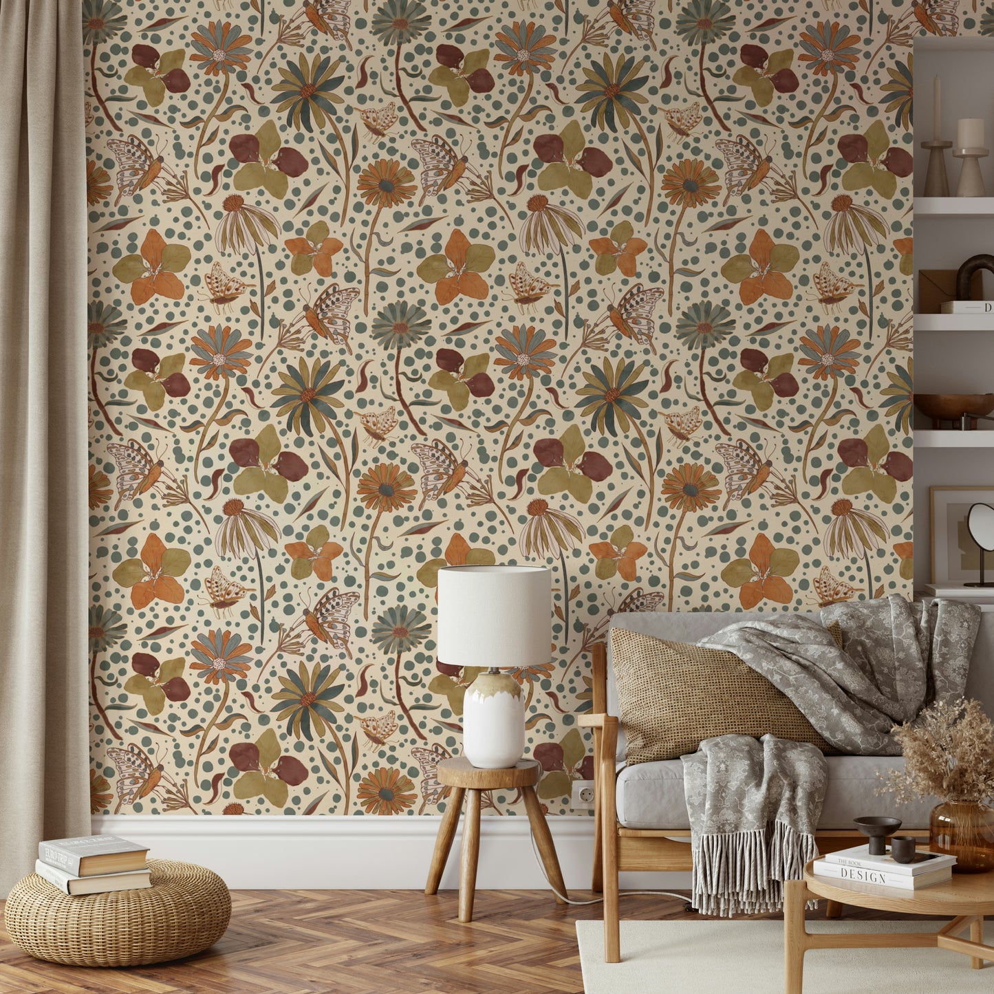 Reading nook with warm-toned garden wallpaper

