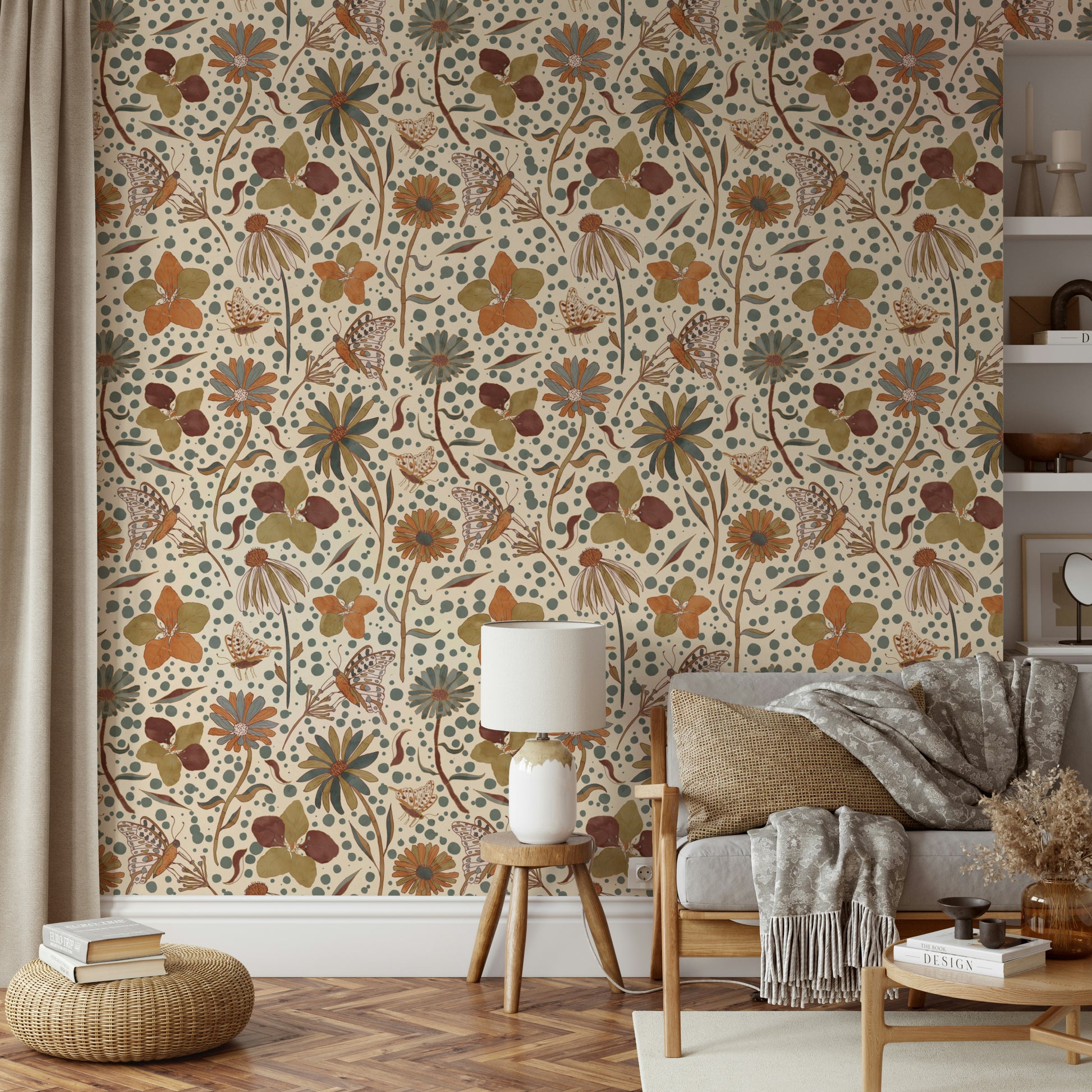 Reading nook with warm-toned garden wallpaper

