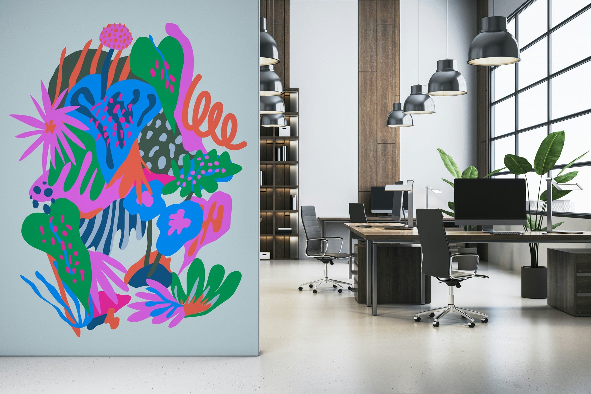 A peaceful exotic garden mural on decorative wallpaper.