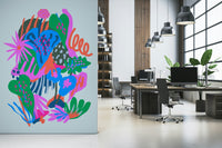 A peaceful exotic garden mural on decorative wallpaper.