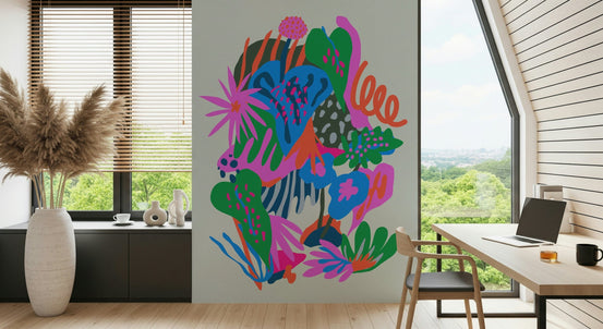A beautiful secret garden wallpaper mural with lush flowers and foliage.
