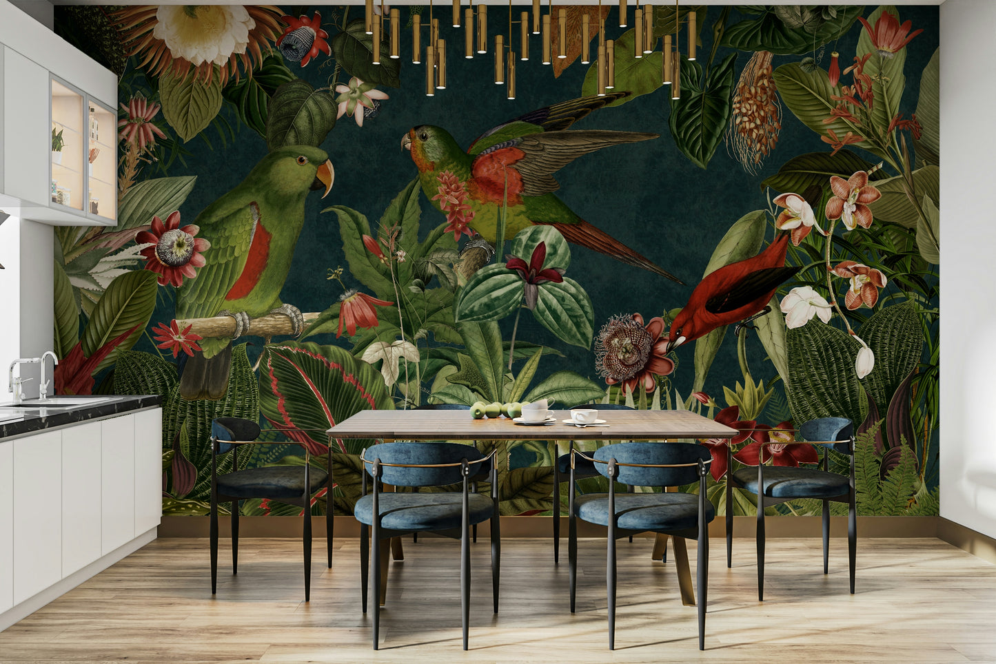 Tropical garden wallpaper mural with vintage floral design

