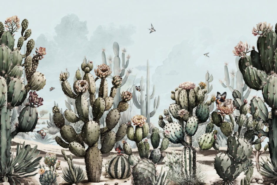 Cactus Garden wallpaper mural with green flowering cacti and butterflies under a pale blue sky, shown as a full-wall mural