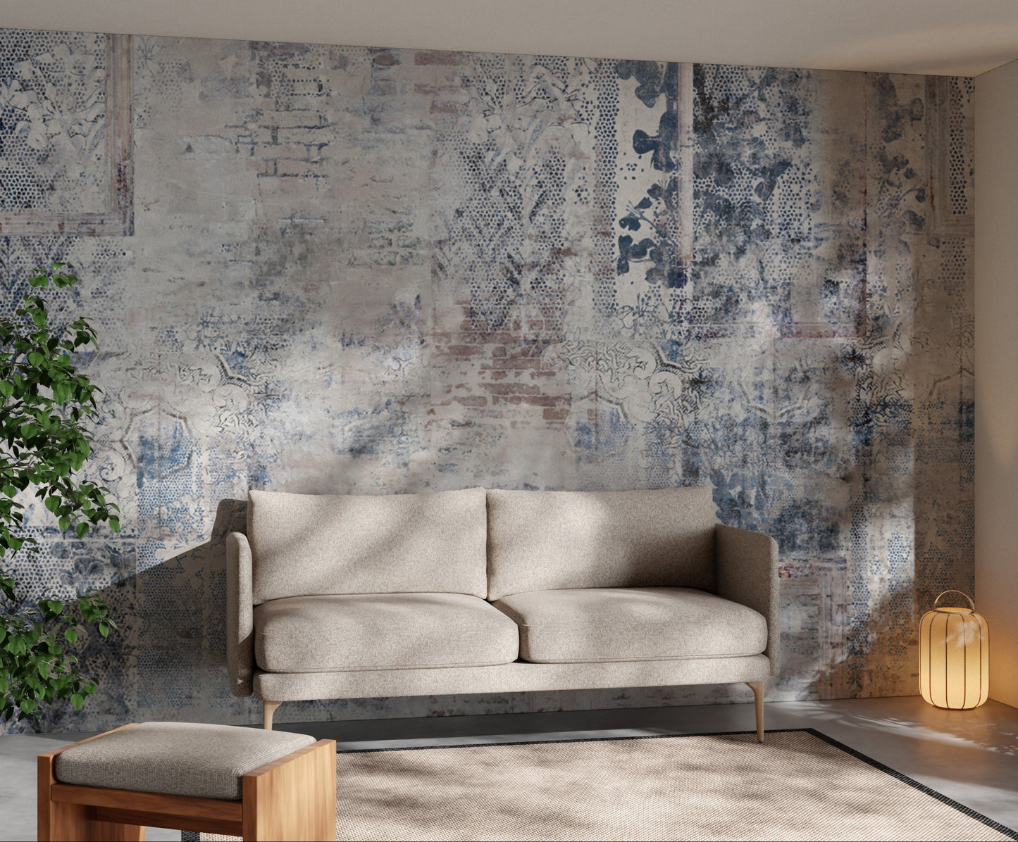 Distressed vintage wallpaper featuring layered brick designs
