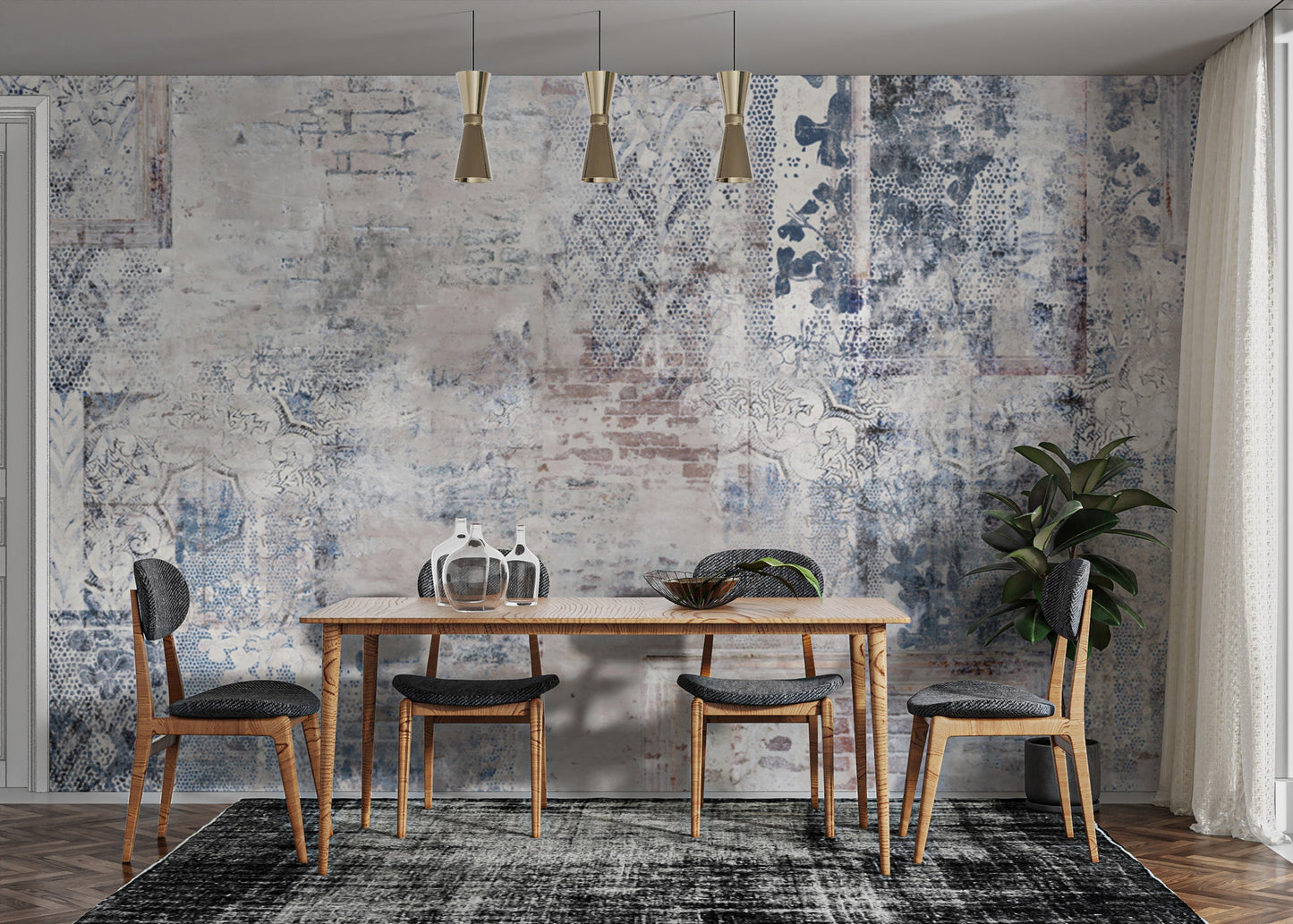 Distressed vintage wallpaper with floral and brick patterns
