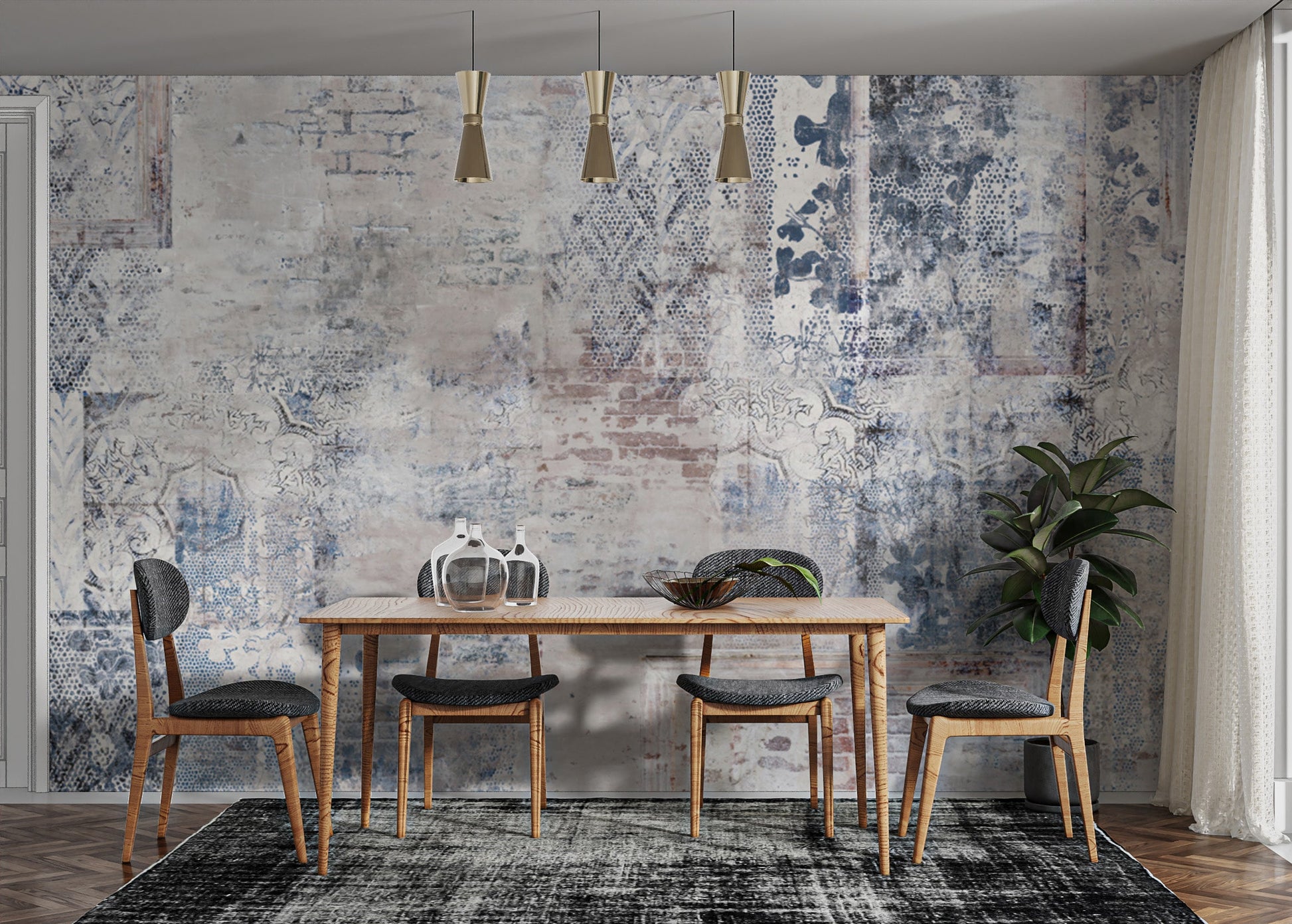 Distressed vintage wallpaper with floral and brick patterns
