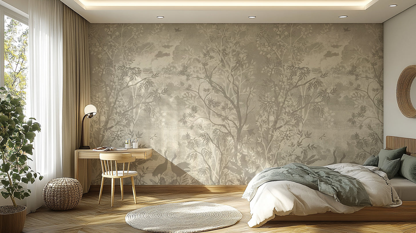 Moonlit Aves wallpaper mural in beige behind a wood bed with green bedding and a desk in a bedroom