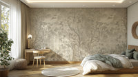 Moonlit Aves wallpaper mural in beige behind a wood bed with green bedding and a desk in a bedroom