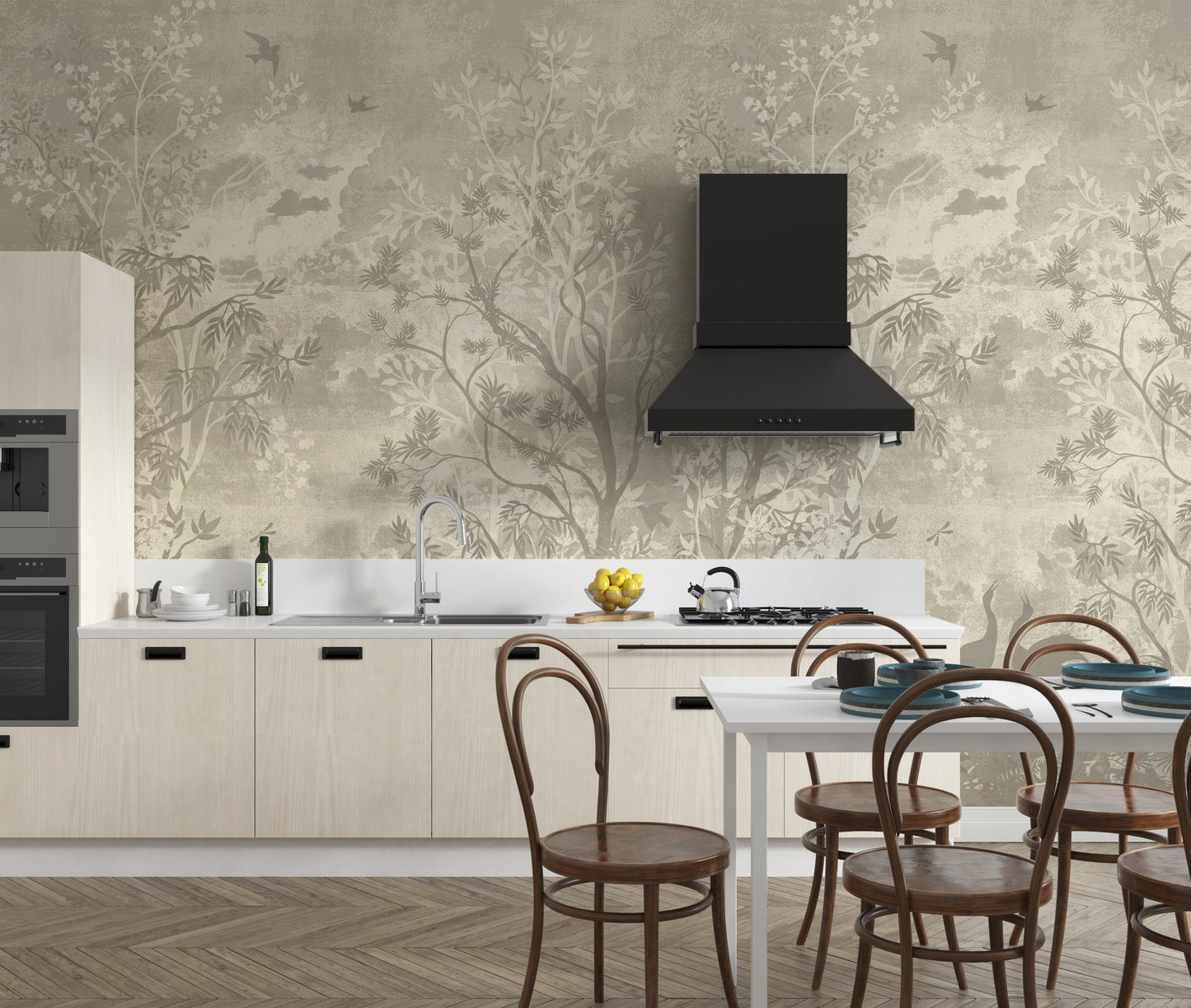 Moonlit Aves wallpaper mural of taupe trees and birds behind cream kitchen cabinets and bentwood chairs
