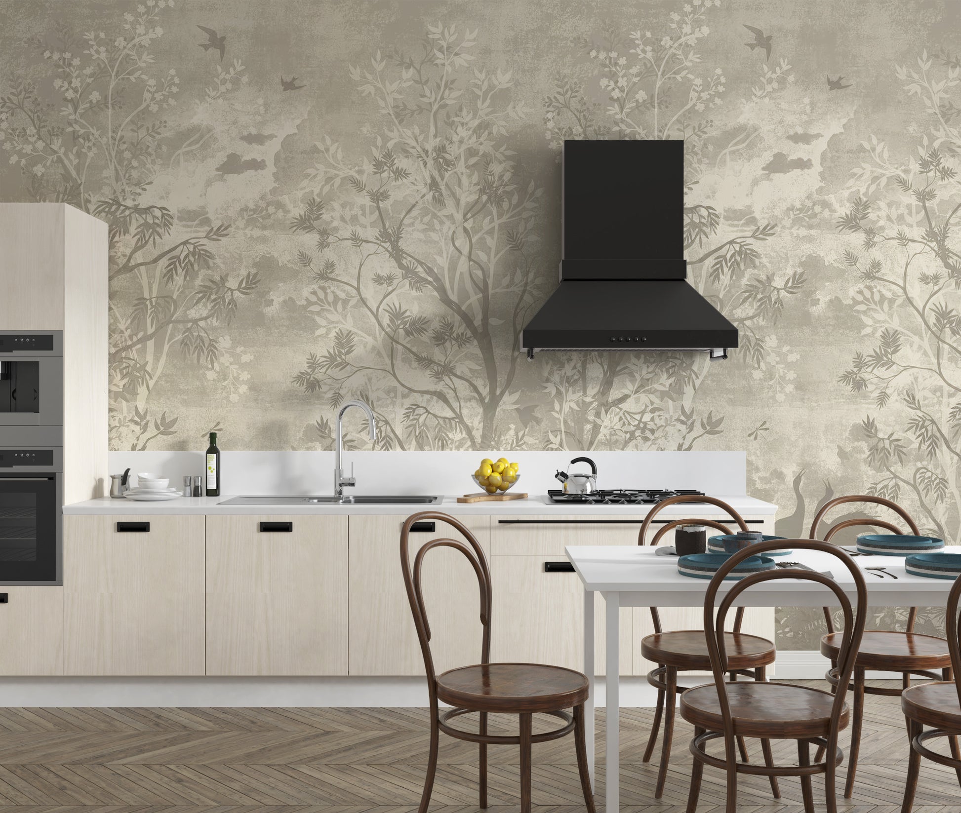 Moonlit Aves wallpaper mural of taupe trees and birds behind cream kitchen cabinets and bentwood chairs