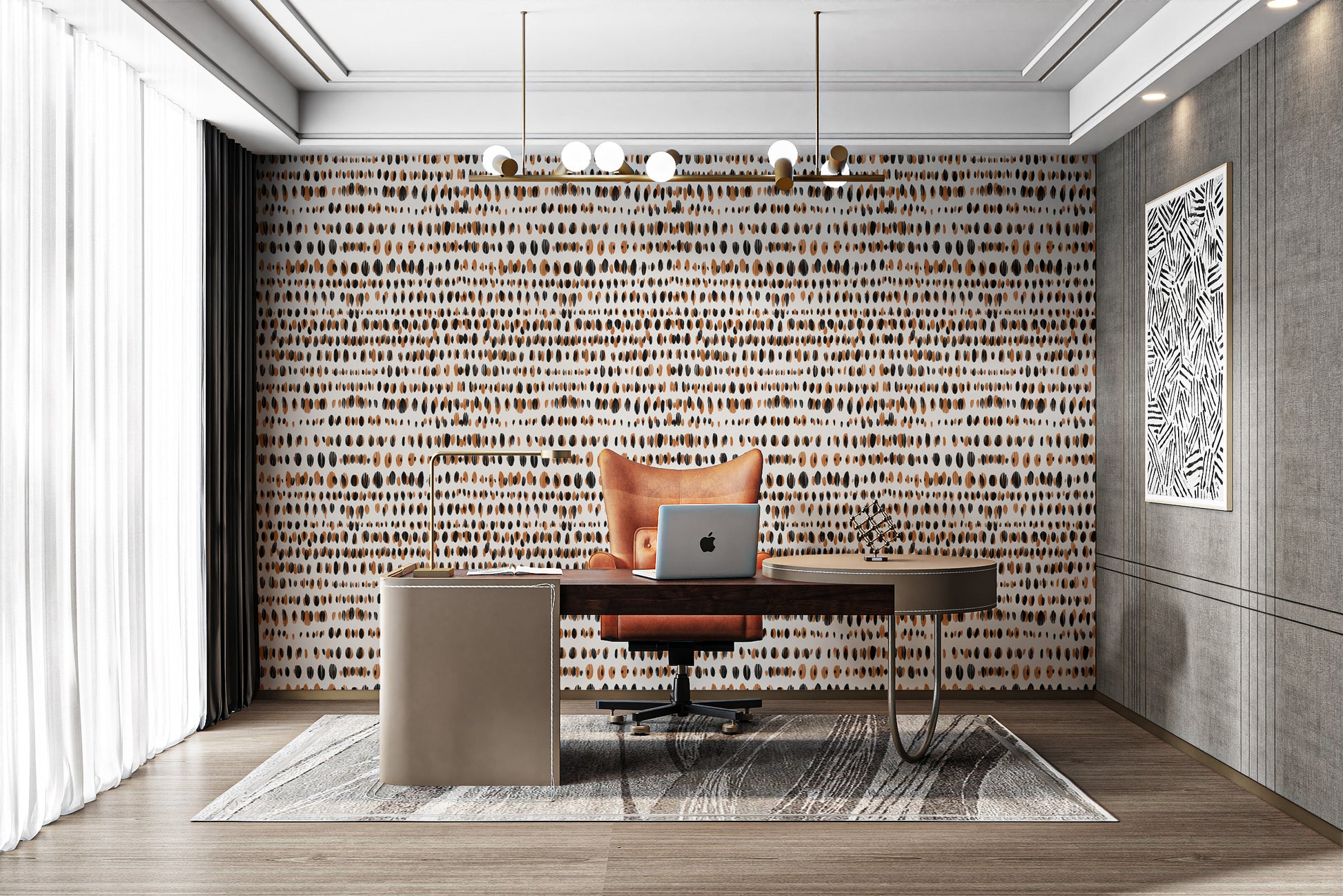 Orbit Strokes wallpaper mural of warm brown and terracotta brushstroke dots behind a wood desk in a home office
