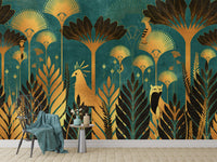 Sophisticated teal Art Deco jungle wallpaper for modern walls
