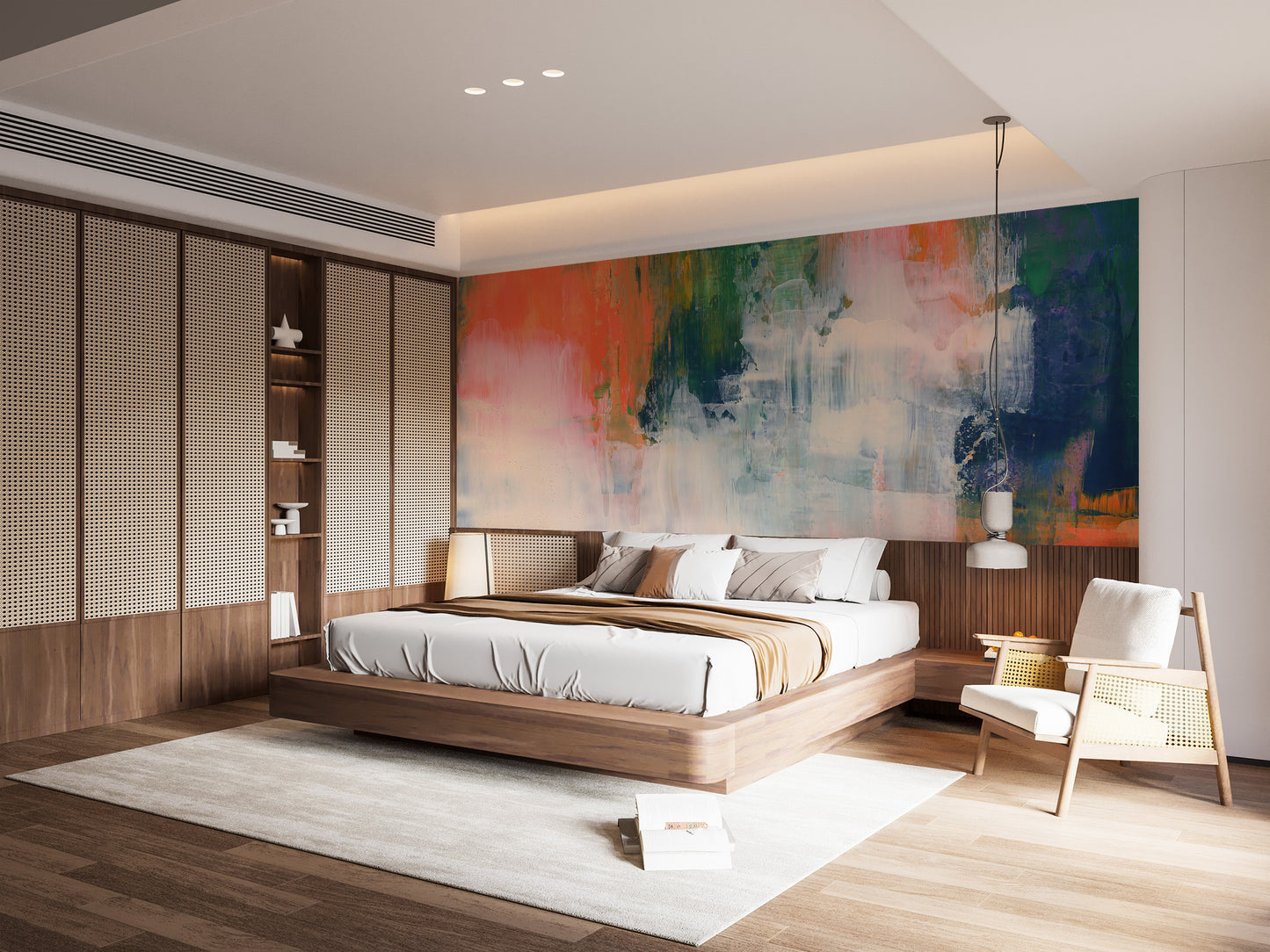 Abstract Brushstroke wallpaper mural of vivid paint strokes above a wood platform bed with a rattan headboard
