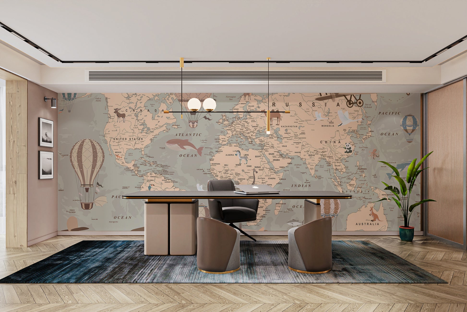 Vintage Aeronautical World Mural peel and stick in a large corporate office with a long conference table.