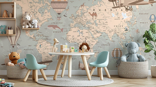 Peel and stick Vintage Aeronautical World Mural in a playroom with blue chairs and a wooden play table.