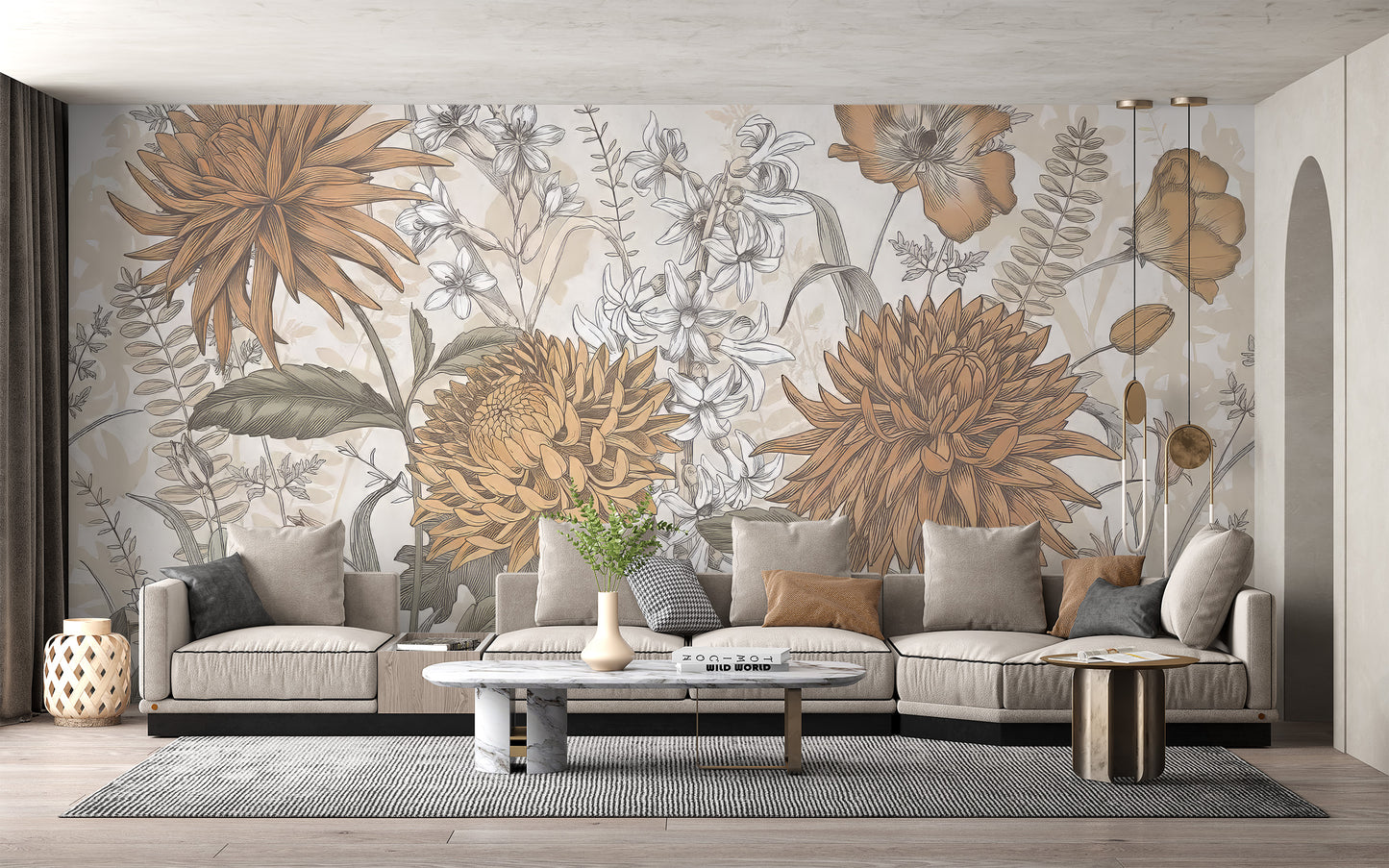 Rustic Botanical Artistry mural of orange vintage flowers behind a large grey sectional sofa in a living room