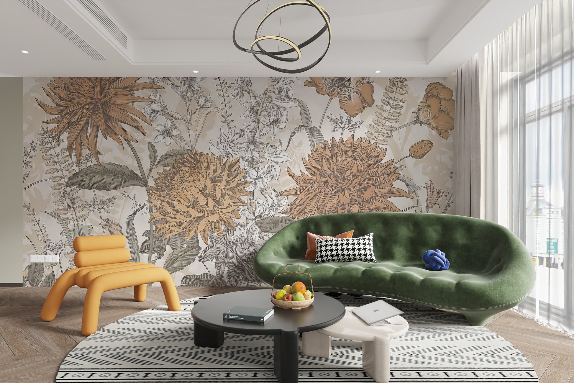 Rustic Botanical Artistry mural of orange blooms behind a green velvet sofa and yellow chair in a living room