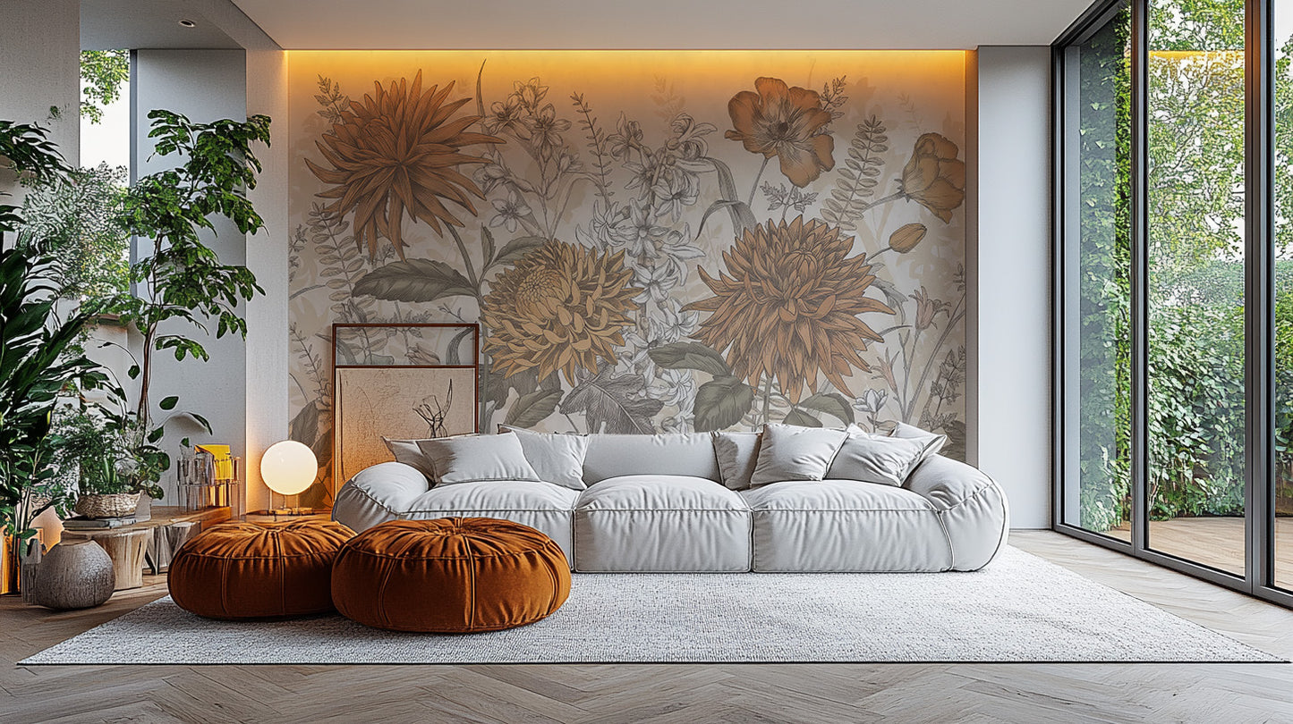Rustic Botanical Artistry mural of orange vintage flowers behind a white modular sofa with rust poufs