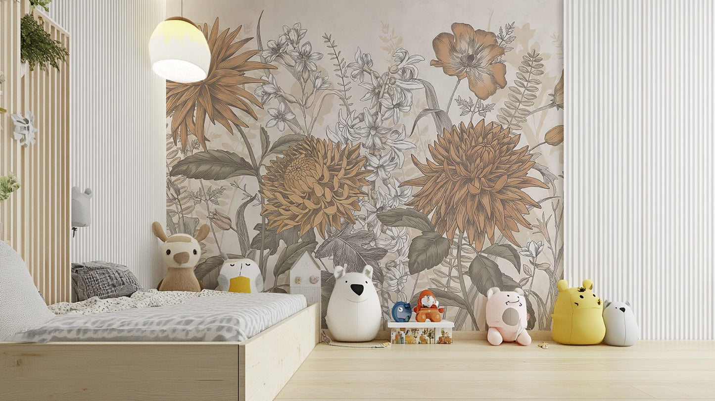 Rustic Botanical Artistry mural of orange vintage blooms behind a low wooden kids bed with plush animal toys