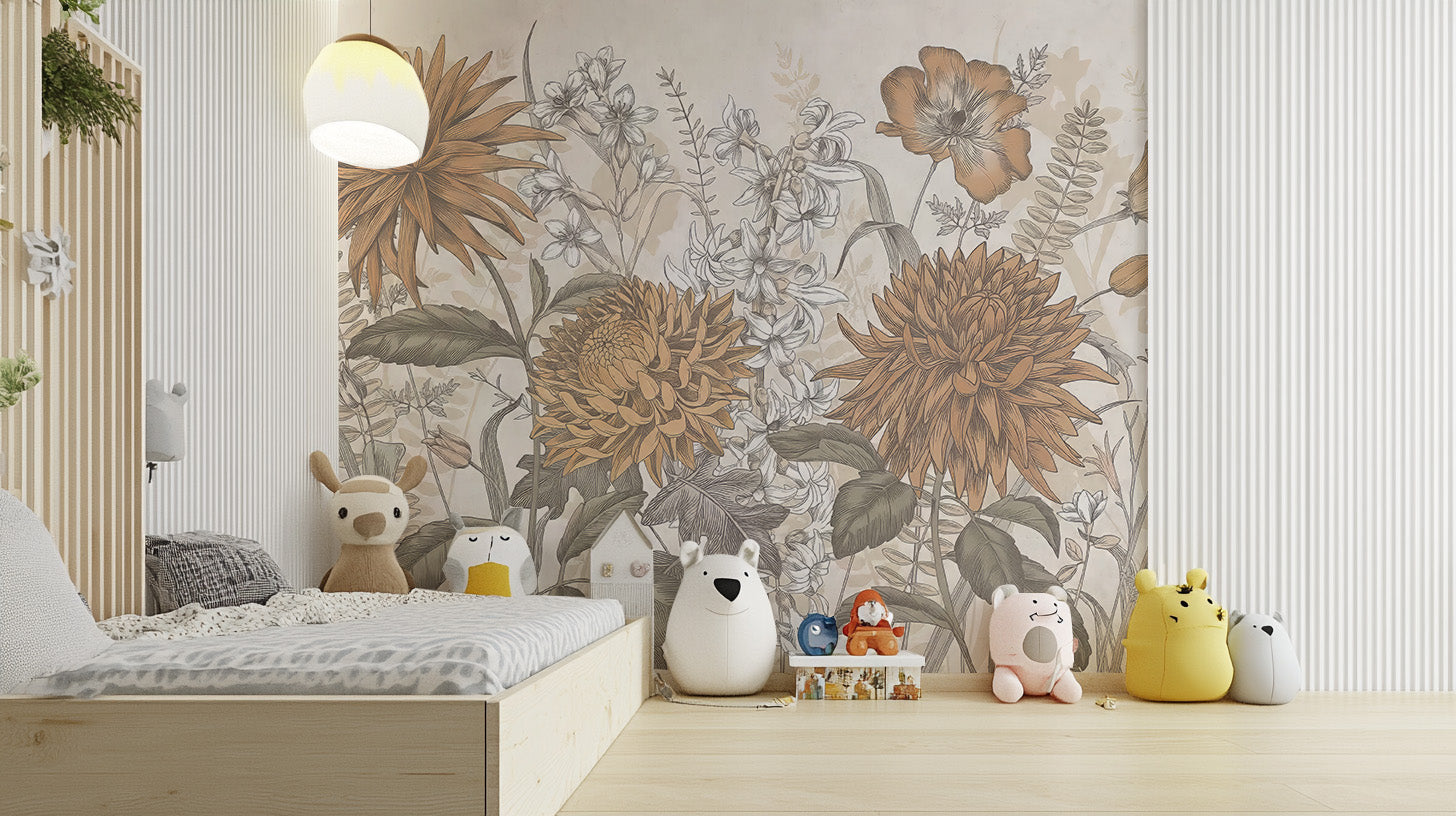 Rustic Botanical Artistry mural of orange vintage blooms behind a low wooden kids bed with plush animal toys
