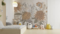 Rustic Botanical Artistry mural of orange vintage blooms behind a low wooden kids bed with plush animal toys