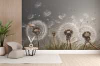 Dandelion Drifts wallpaper mural of grey seed-heads and grass beside a cream armchair and slatted wood wall
