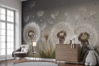 Dandelion Drifts wallpaper mural of grey blowing dandelions behind a wooden dresser and grey armchair in a kids room