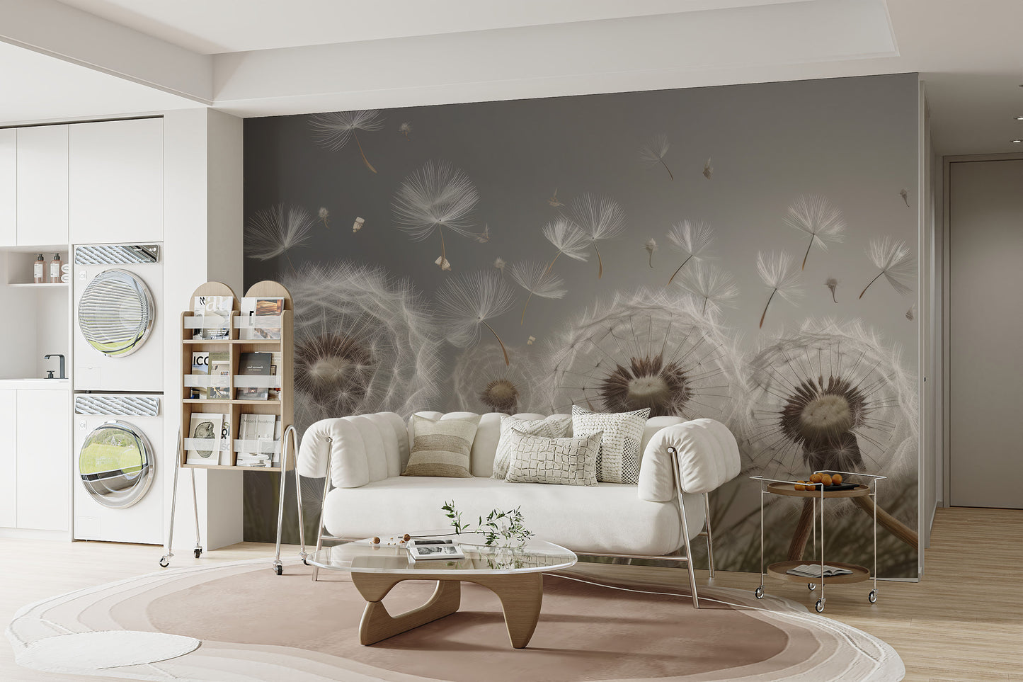 Dandelion Drifts wallpaper mural of drifting seed-heads in grey behind a white curved sofa in a bright living room