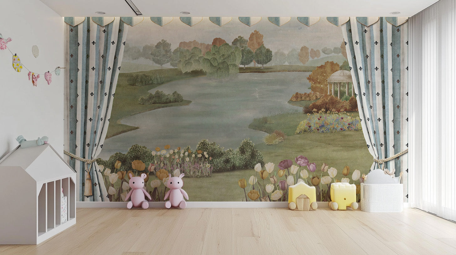 Garden Landscape wall mural with lake and tulips behind pink bunny toys and a house-shaped kids shelf