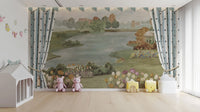 Garden Landscape wall mural with lake and tulips behind pink bunny toys and a house-shaped kids shelf