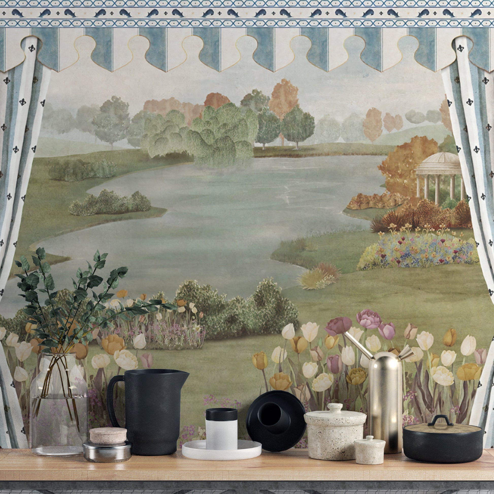 Garden Landscape wall mural close-up showing the green lake, domed gazebo and tulip border in detail