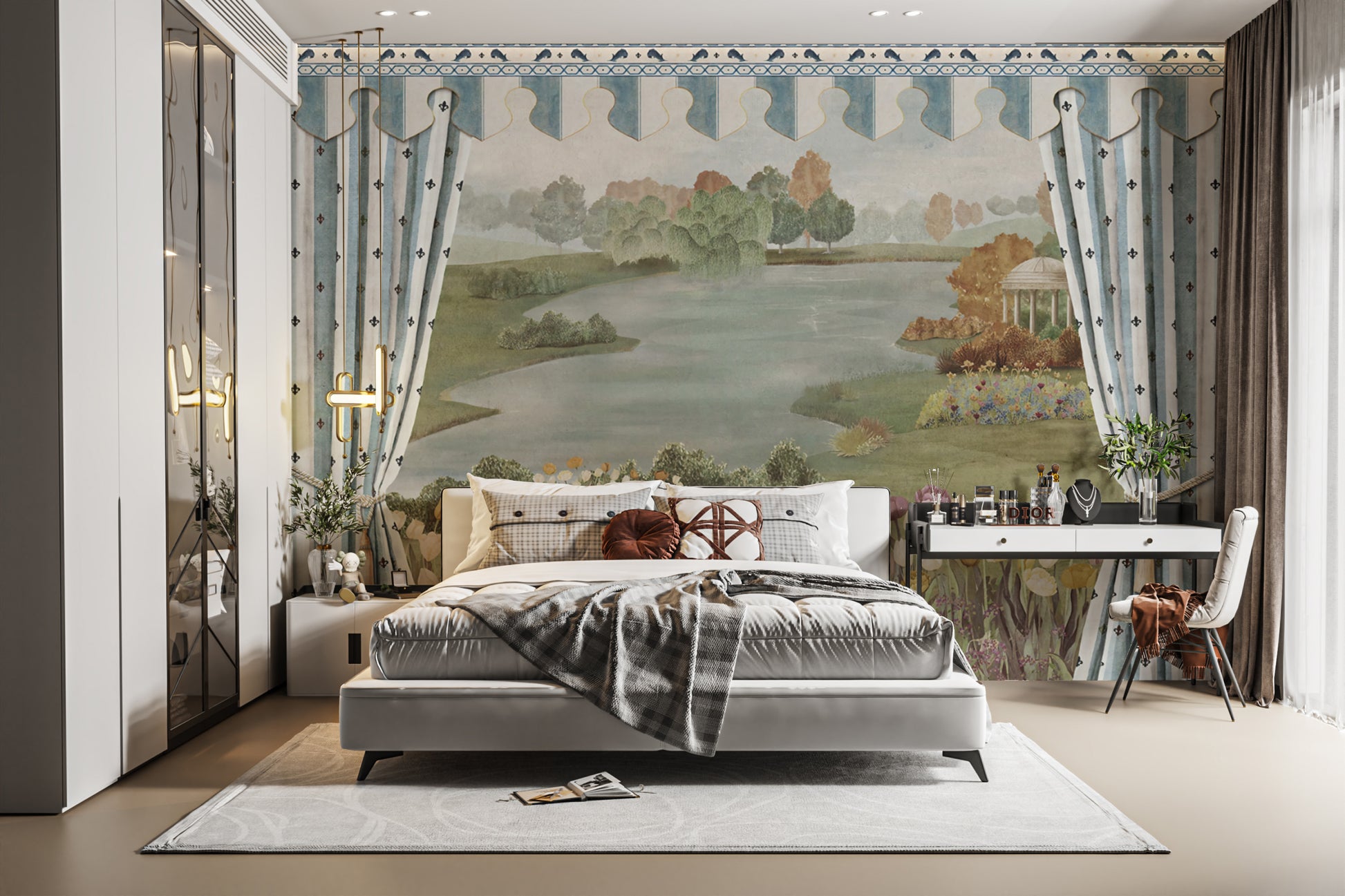 Garden Landscape wall mural of lake and willows behind a white bed and black vanity in a bedroom