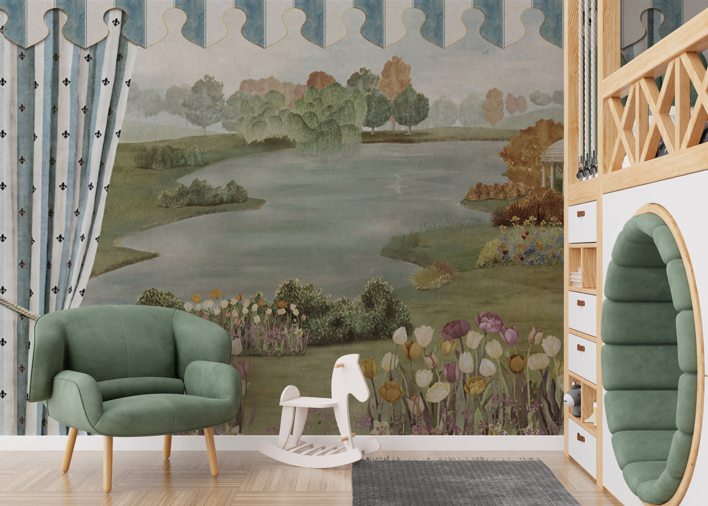 Garden Landscape wall mural with tulip beds and lake behind a green armchair and white rocking horse