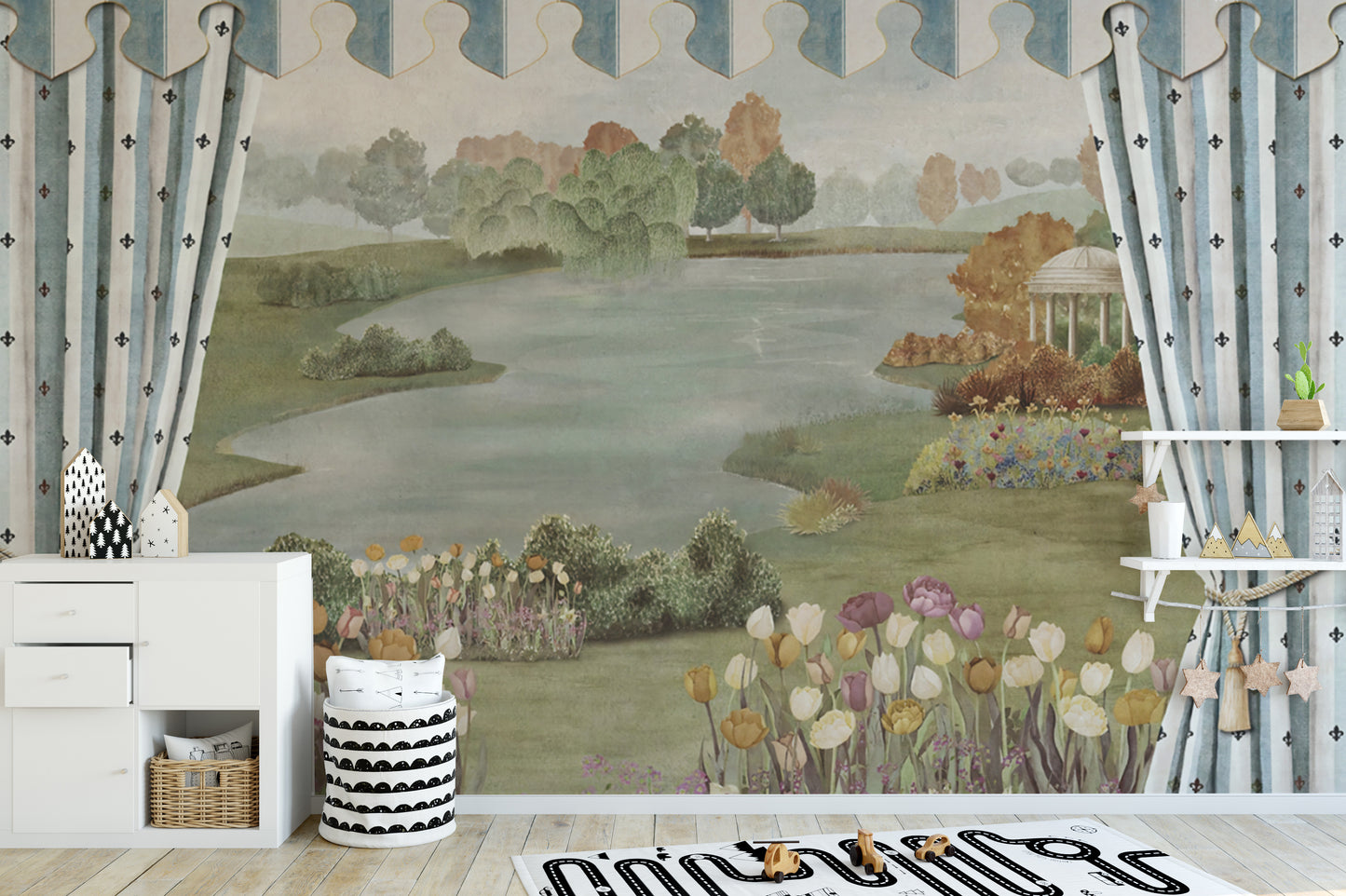 Garden Landscape wall mural of parkland and gazebo behind a white dresser and toy basket in a kids room