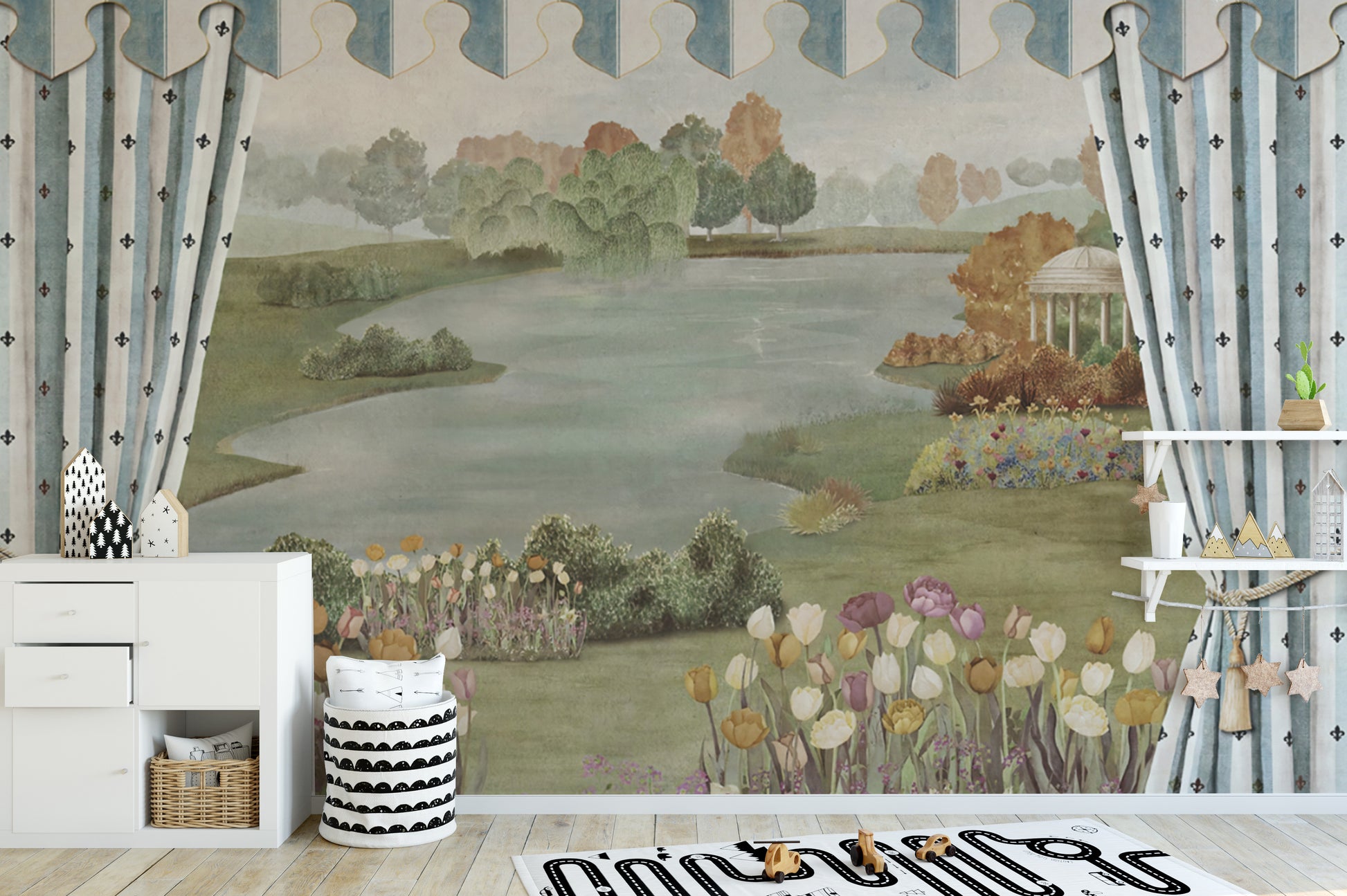 Garden Landscape wall mural of parkland and gazebo behind a white dresser and toy basket in a kids room