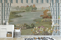 Garden Landscape wall mural of parkland and gazebo behind a white dresser and toy basket in a kids room