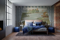 Garden Landscape wall mural with lake and tulips behind a blue-bedded bed in a brick-walled bedroom