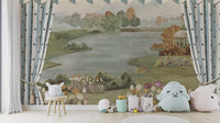 Garden Landscape wall mural of a green lake and gazebo behind a kids stool and pastel plush cushions