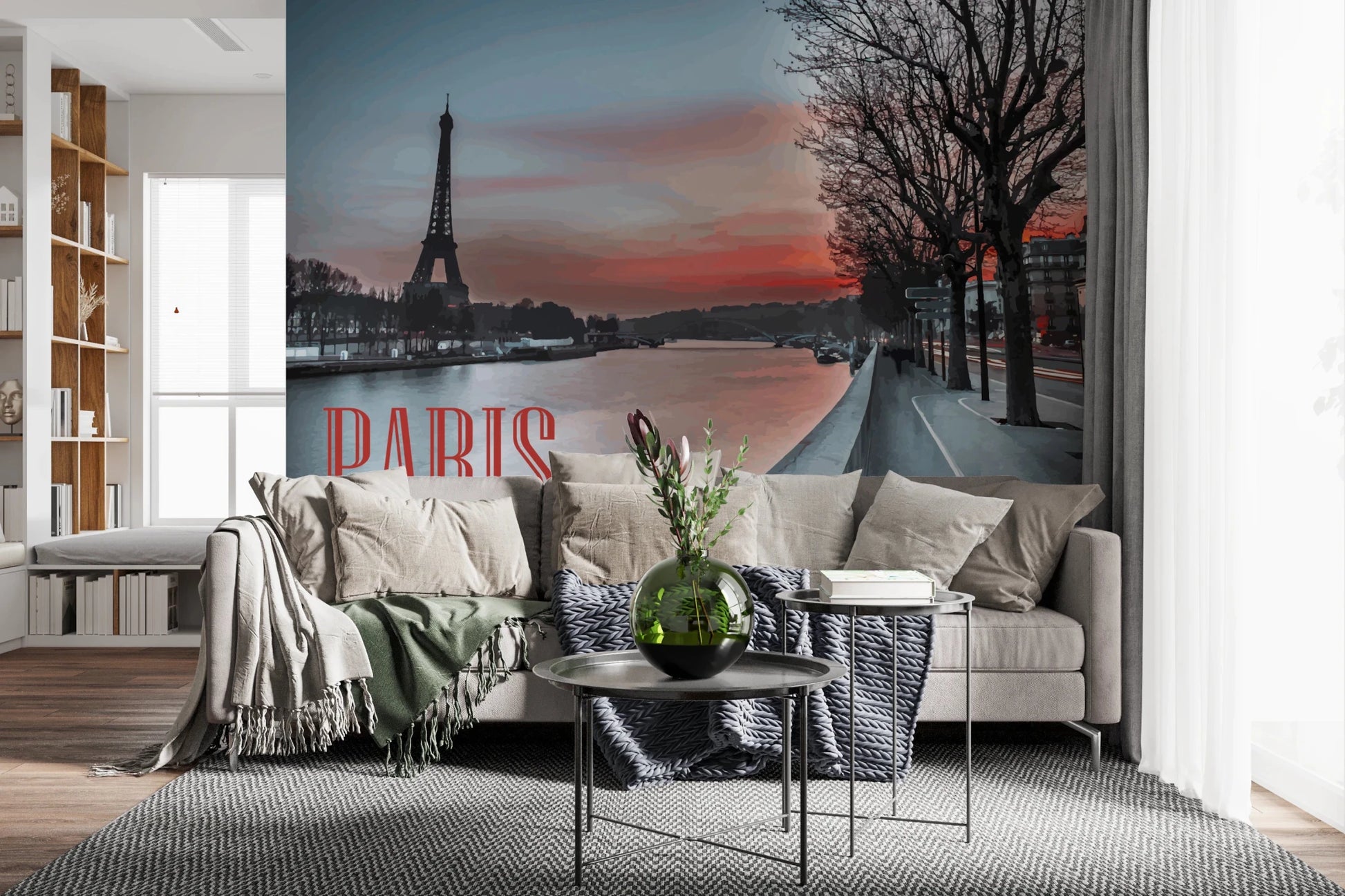 Seine and Eiffel Tower Silhouette wallpaper mural at sunset behind a beige sofa with a green throw